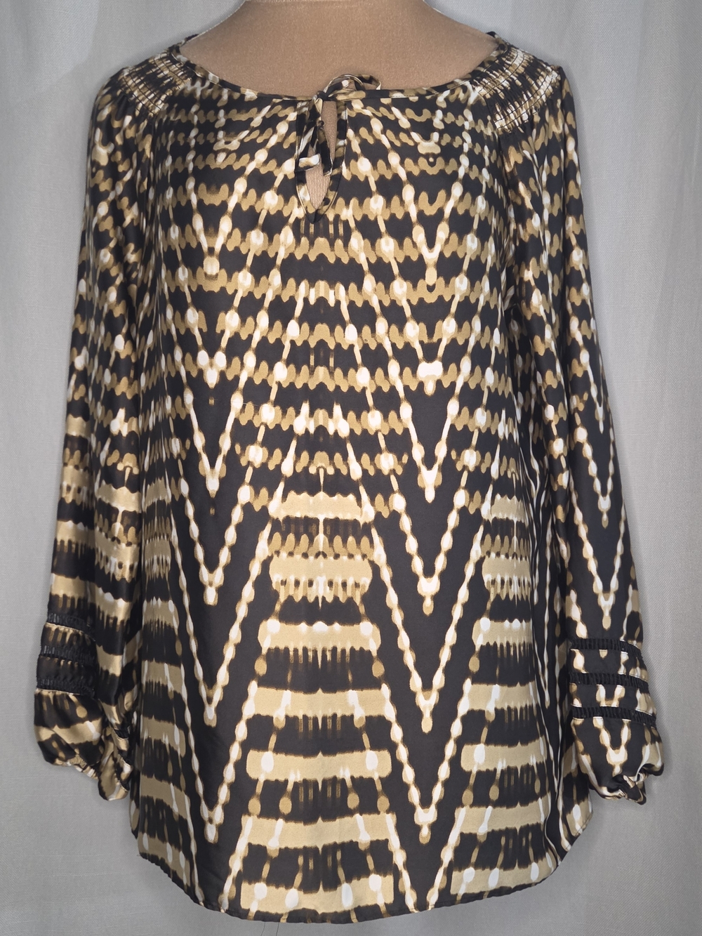Women's Black and Gold Printed Peasant Blouse By Jones New York Size Large